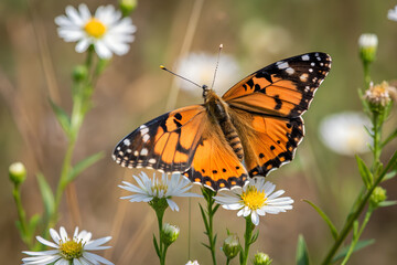 Fototapeta premium Close up macro view of butterfly gently resting on wildflower, outdoor natural lifestyle, delicate wildlife beauty and vibrant garden scene