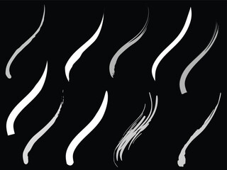 Abstract brush strokes in white and gray on a black background create movement