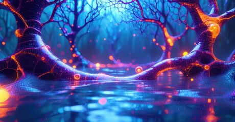 Abstract bioluminescent forest scene. Glowing roots, water reflections create surreal atmosphere. Deep blues, purples dominate.