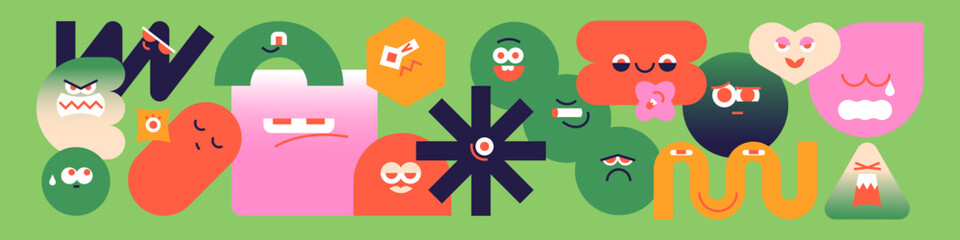 Composition of different geometric shapes with happy, sad, crying, scared and angry emotions on faces. Various abstract figures- circles, squares, curves and lines. Flat isolated vector illustration