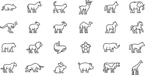 farm animal icons, domestic animal silhouettes, goat and sheep icons, cow and pig symbols, camel and horse icons, livestock vector icons, farm pet pictograms, rural animal graphics, agriculture animal © Geetaroy
