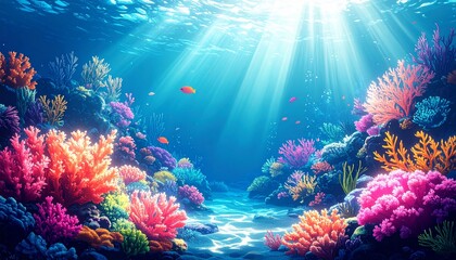 Naklejka premium Vibrant coral reef teeming with colorful marine life, bathed in sunlight.