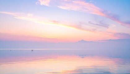Fototapeta premium Serene pastel sunrise over calm water reflecting the soft sky and clouds.