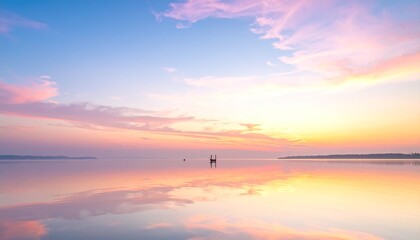 Serene landscape featuring a calm body of water reflecting a vibrant sunset sky with pink and orange hues, and distant land.