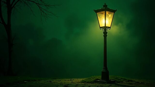 Mysterious old lamppost glows in eerie green fog at night, casting a solitary light.