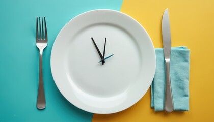 Empty plate with clock hands signifies time-restricted eating. Conceptual image of meal time, discipline, willpower, diet schedule, control. Concept of intermittent fasting, healthy eating, weight