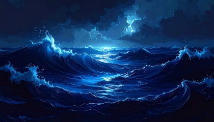 A dark and moody seascape featuring large, rolling ocean waves under a stormy, cloud-filled night sky, illuminated by a faint light on the horizon.