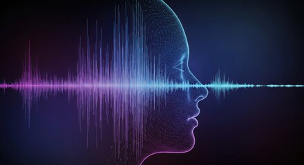 A digital human profile overlaid with a vibrant soundwave. The person is outlined in blue, the audio in pink and aqua