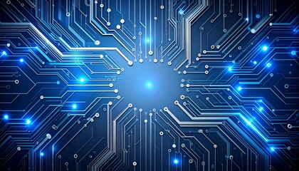 A digital rendering of a computer circuit board with glowing blue lights, representing technology.