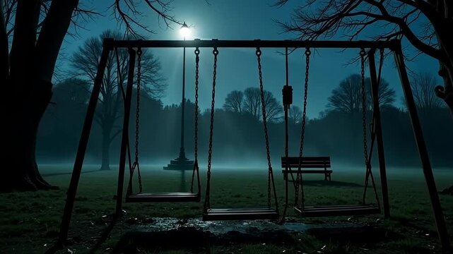 Eerie moonlight illuminates an empty playground swing set on a foggy night.