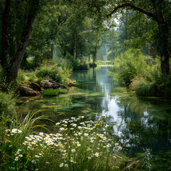 Obraz premium Restored Lake with Flowers on Water Bank Under Sunny Blue Sky 