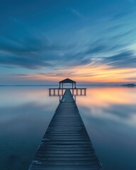 Fototapeta premium Wooden pier stretching into calm lake at sunset in Florida