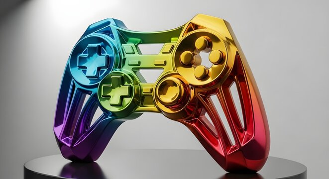 Rainbow colored video game controller on a stand, studio shot. - Powered by Adobe