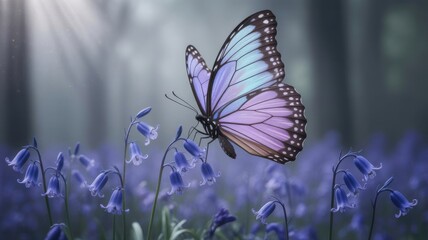 Beautiful purple and blue butterfly lands on a field of bluebells