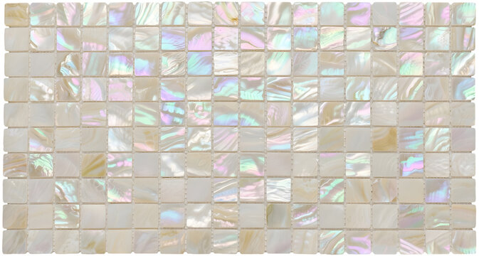 Decorative mother of pearl mosaic tiles with glossy surface and iridescent pastel rainbow reflections
