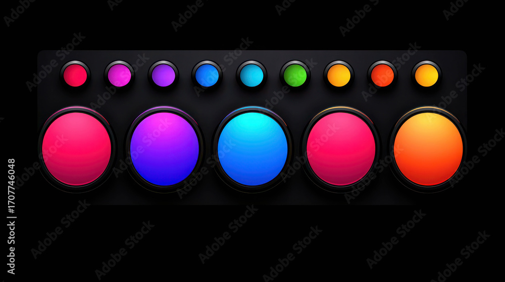 Poster vibrant color palette with circular dials on black background for creative design use in graphic pro