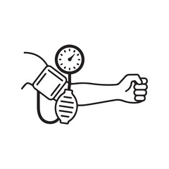Blood pressure check line icon. Vector illustration of a sphygmomanometer with cuff on arm for medical diagnosis. Healthcare and cardiology symbol.

