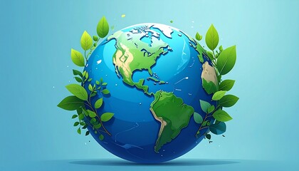 Illustration of Earth with green leaves growing around it, symbolizing environmental awareness and sustainability on a light blue background.