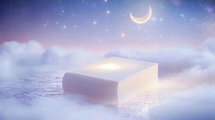 Illuminated book rests on clouds, night sky