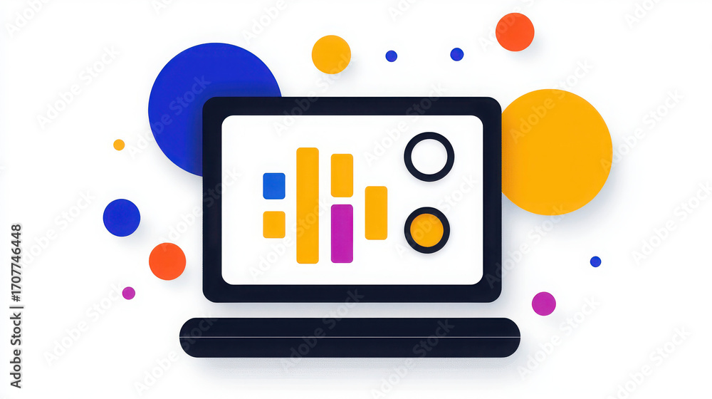 Poster abstract digital illustration featuring a laptop displaying colorful data visualization elements wit