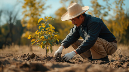 Kazakh farmer planting young tree in autumn field while wearing wide-brimmed hat and gloves