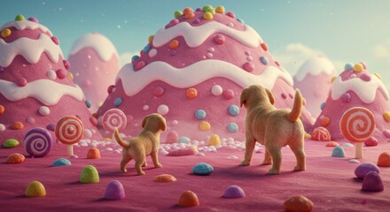 Obraz premium Puppies in Wonderland: Two adorable golden retrievers, embark on a whimsical adventure in a candy-coated wonderland, surrounded by towering, fantastical treats and sugary delights.