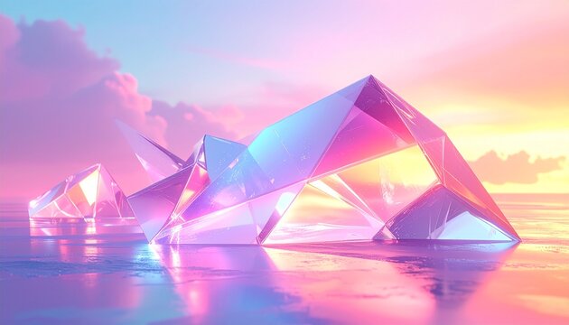Abstract crystalline structures sit on a reflective surface with a dreamy, pastel-colored sky and horizon in the background.