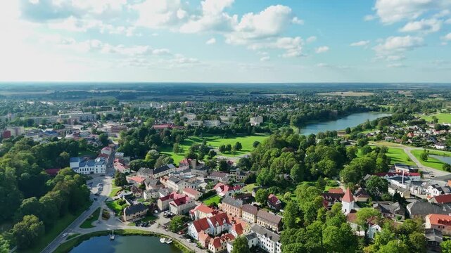 Lakeside Architectures Along Talsi Promenade Park In Talsi, Latvia. Aerial Shot