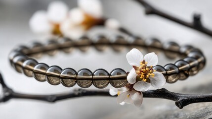 Smoky quartz bracelet with delicate white blossoms