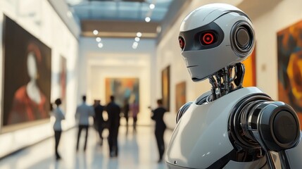 Fototapeta premium AI robot in art museum. People viewing