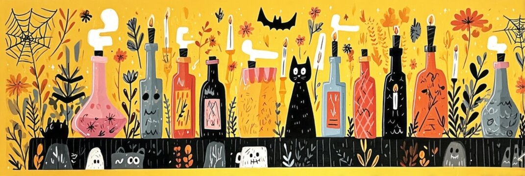 Brightly colored jars containing Halloween potions are arranged against a vibrant yellow backdrop. Autumn foliage and flowers add to the festive atmosphere, celebrating fall traditions, banner - Powered by Adobe