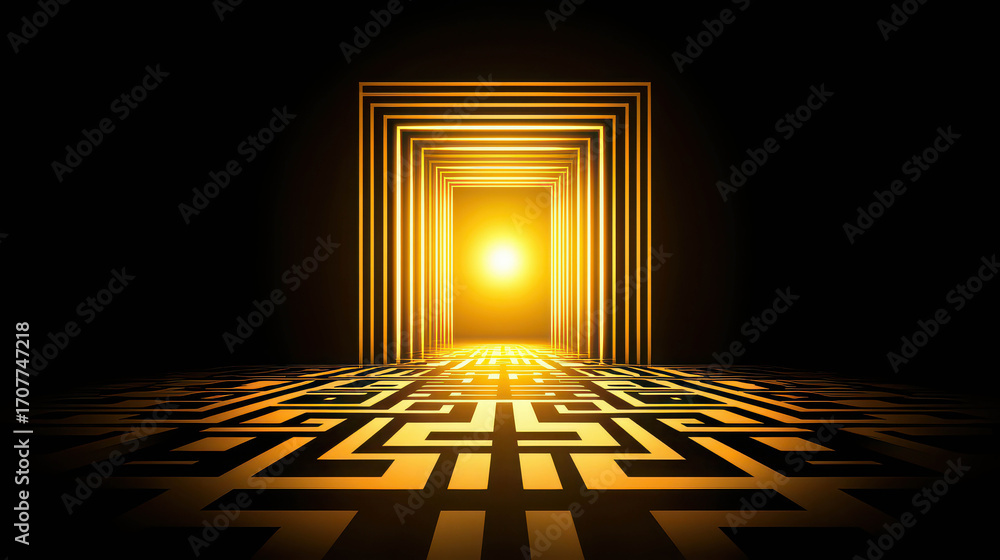 Poster golden portal with geometric patterns and radiant light at the end symbolizing hope and new beginnin