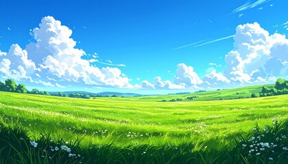 An anime-style landscape featuring a vibrant green meadow under a bright blue sky filled with fluffy white clouds, with distant trees and hills.