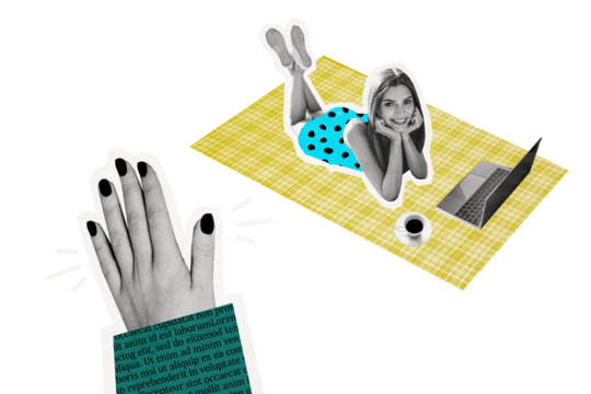 Composite photo collage of happy blonde girl lay mat summer picnic laptop coffee cup hand wave greeting hello isolated on painted background