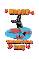 Vertical photo collage of happy girl dance thanksgiving occasion autumn foliage fall season holiday...