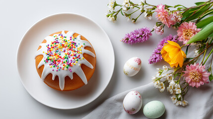 Easter cake with icing and colorful sprinkles on white plate  