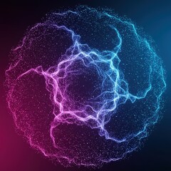 Obraz premium Abstract glowing particle sphere with flowing lines on dark background, illustrating digital data, network connections, or scientific concepts