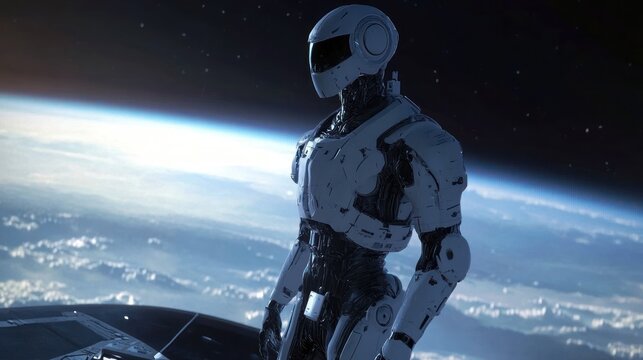 White robot in space, overlooking Earth