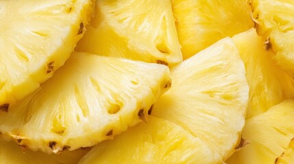 Closeup slices of ripe pineapple arranged as tropical fruit background with fresh juicy texture, vibrant yellow color and natural exotic pattern for healthy food and summer concept