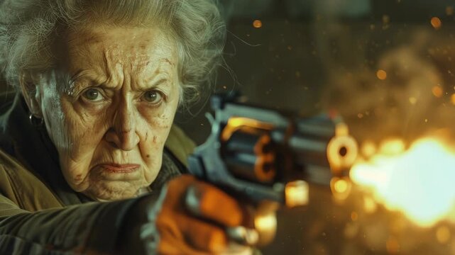The  depicts an older woman in a dramatic moment, with intense expression and aiming guns at someone or something. She is set against a backdrop that suggests a historical setting.