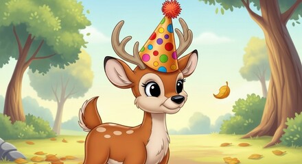 Fototapeta premium Animated fawn with large eyes, wearing a party hat, stands in a sunlit forest with trees and a falling leaf