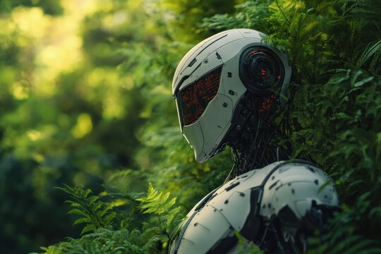 Futuristic robot in lush forest