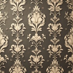 Fototapeta premium Illustration features vintage floral damask pattern with intricate swirling leaves, flowers. Cream-colored ornament on dark brown background creates retro baroque decor. Seamless ornamental texture