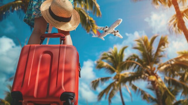 Tourist with red suitcase under palm trees watching airplane in Caribbean sky