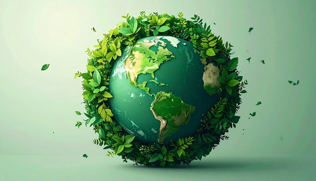 Green Earth globe surrounded by lush foliage, symbolizing environmentalism.