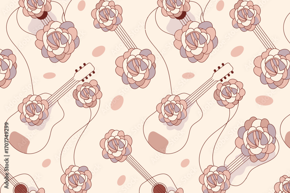 Poster repeating pattern of guitars adorned with flowers on a light background with small oval shapes scatt