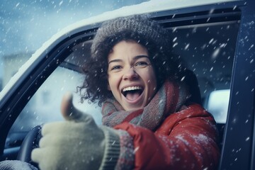 Joyful woman in car with snowy background, winter lifestyle