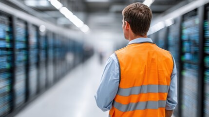 A technician in an orange safety vest stands in a long data center aisle, observing rows of server racks with glowing blue lights, emphasizing technology and infrastructure.