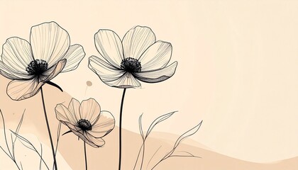 Delicate, outlined white flowers on a beige background with soft, flowing lines.