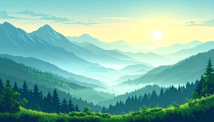 Misty mountain range at sunrise, lush valley, and dense forests.